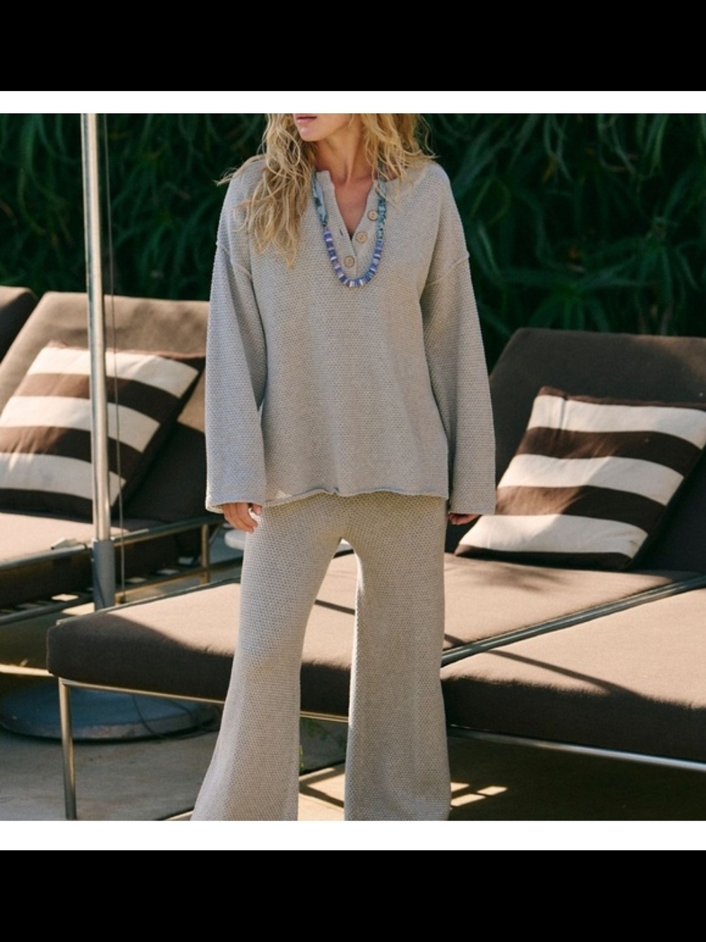 Free People FP Beach Hailee Waffle Knit Henley Lounge Set Gray Size M